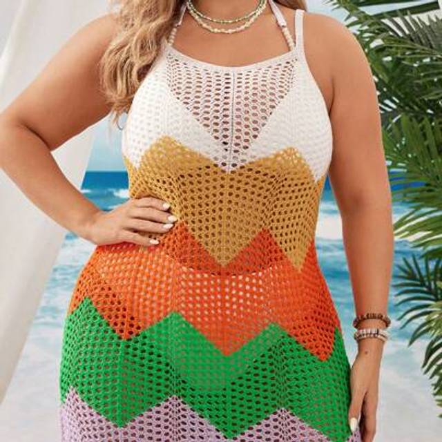 Swim Vcay Summer Beach Plus Size Hollow Out Knitted Cami Dress With Color Block Design For Beach Vacation