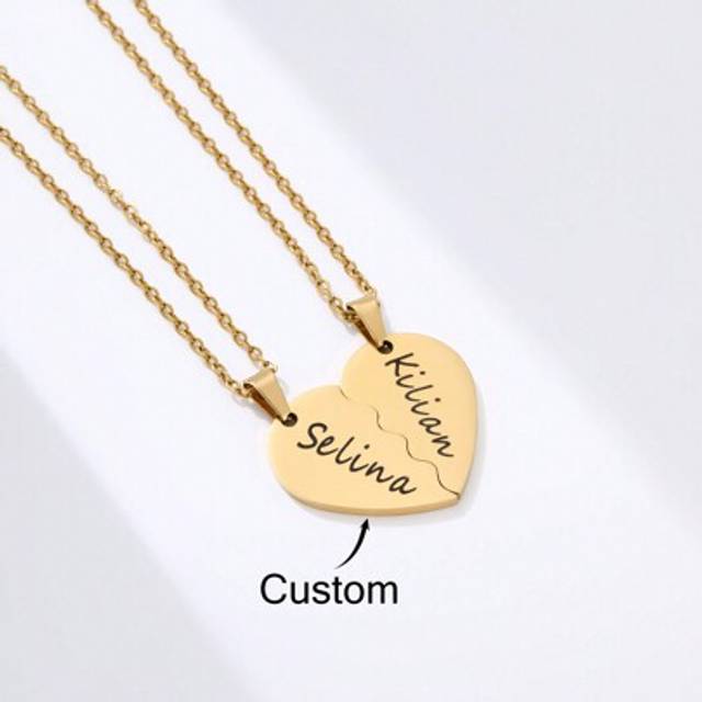 SHEIN Personalized Engraved Double Name Split Heart Necklaces Stainless Steel Broken Heart Necklace Engraved Name Date Phrase Split Heart Necklaces Boys & G