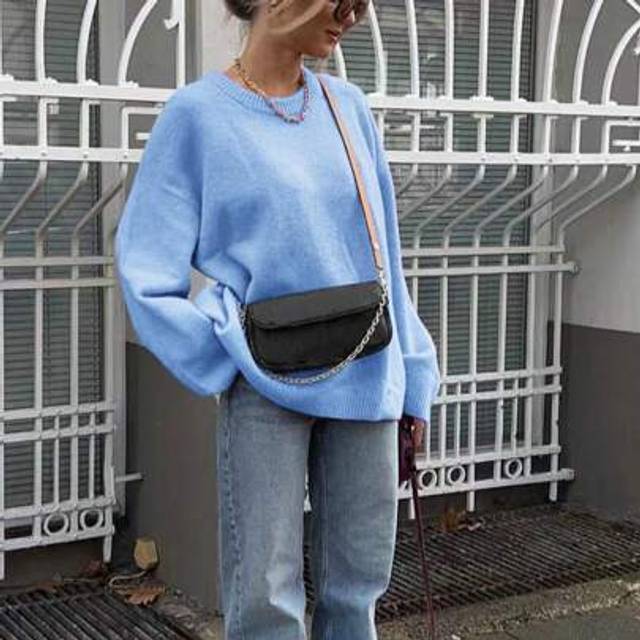 SHEIN FOR BEAUTY Spring And Autumn New Blue Round Neck Long Sleeve J Fashion Knitted Sweater Women&#39;s Loose Casual Versatile Shoulder Jumpers For Women Knit