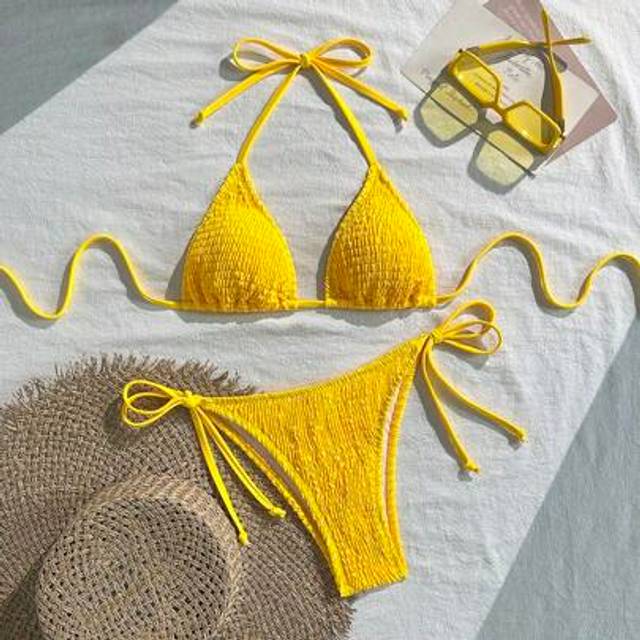 SHEIN Women&#39;s Summer Holiday String Halter Neck Solid Color Bikini Set