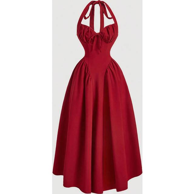 SHEIN Women&#39;s Halter Neck Ruched Bow Swing Dress, Red Color Party Women Outfits,New Years Eve Outfit,Masquerade Ball Dress,Birthday Women Outfits,Sexy Red D