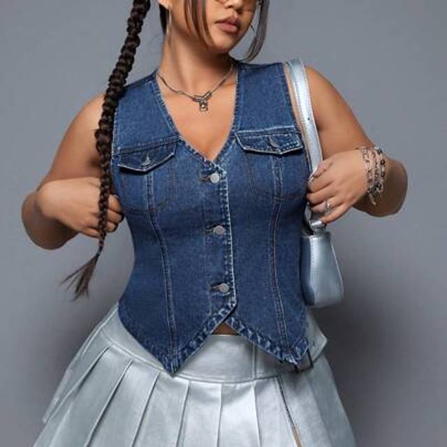 SHEIN Plus Size Women V-Neck Single-Breasted Casual Denim Vest