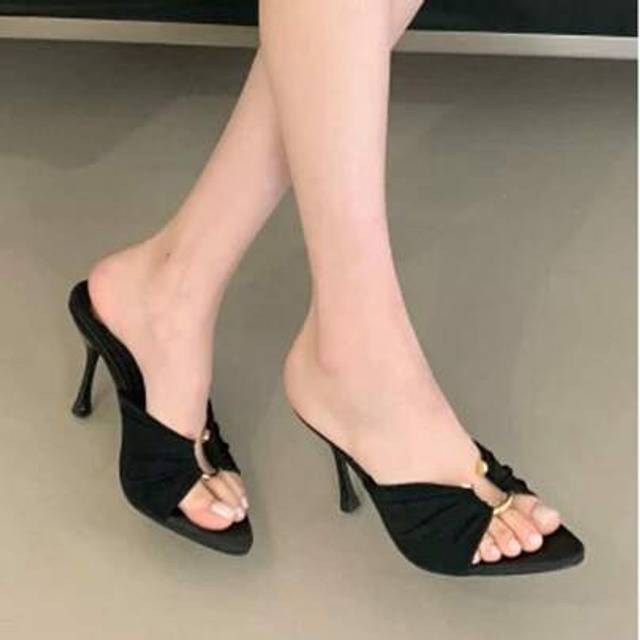 SHEIN Women&#39;s Black Pointed Toe High Heel Sandals With Ruffles And Metal Buckle, Sexy Stiletto Heels Open Toe Summer Slippers