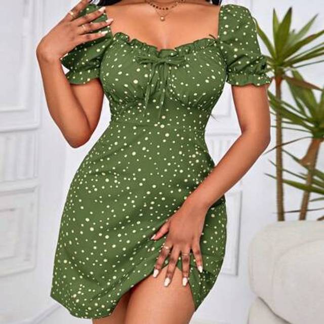 SHEIN Sping Polka Dot Print Puff Sleeve Knot Front Ruched Bust Red Dress,Bohemia