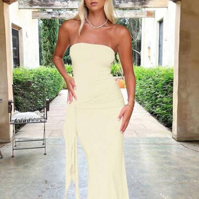SHEIN 1pc Women&#39;s Casual, Elegant, Sexy Formal Maxi Dress With Strapless Cinched Waist Design, Suitable For Spring, Summer, Autumn Party, Wedding, Anniversa