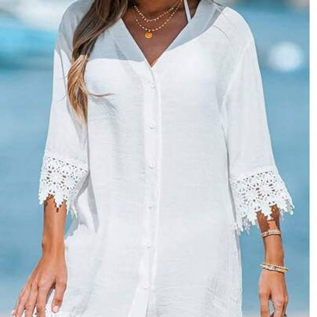 SHEIN Women&#39;s Vacation Beach Solid Color Lace Patchwork Cover Up Shirt