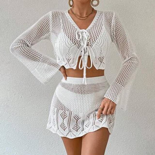 Swim Vcay Ladies Plain Simple Daily Hollow Out Cover Up, 2pcs/Set,Summer Beach