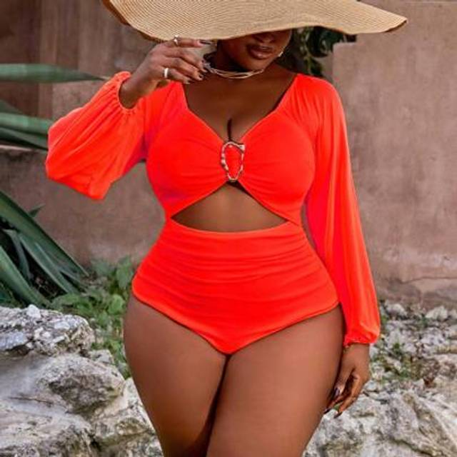 Slaydiva Plus Size Women Solid Orange Long Sleeve Hollow Out One-Piece Swimsuit With Golden Metal Decor, Suitable For Daily Wear, Summer Beach Vacation