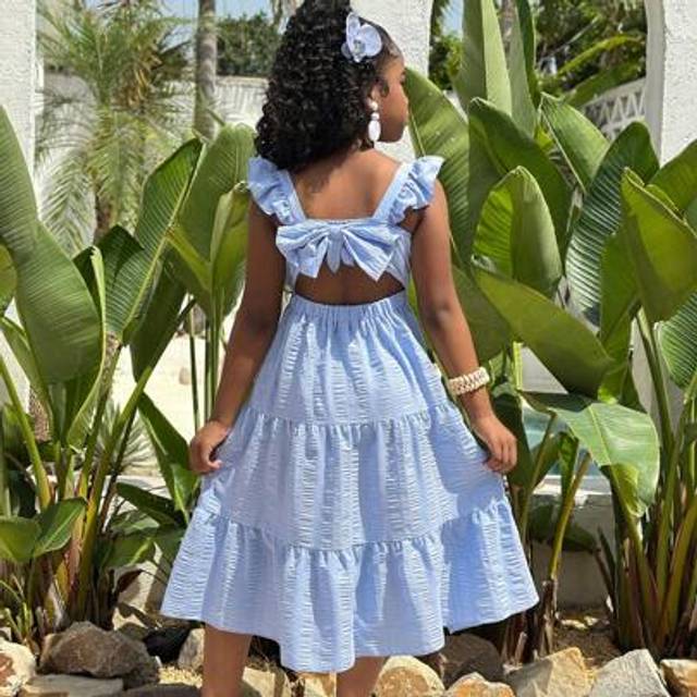SHEIN Girls Vacation Ruffled Sleeveless Bowknot A-Line Woven Solid Color Dress, Matching Sister Styles