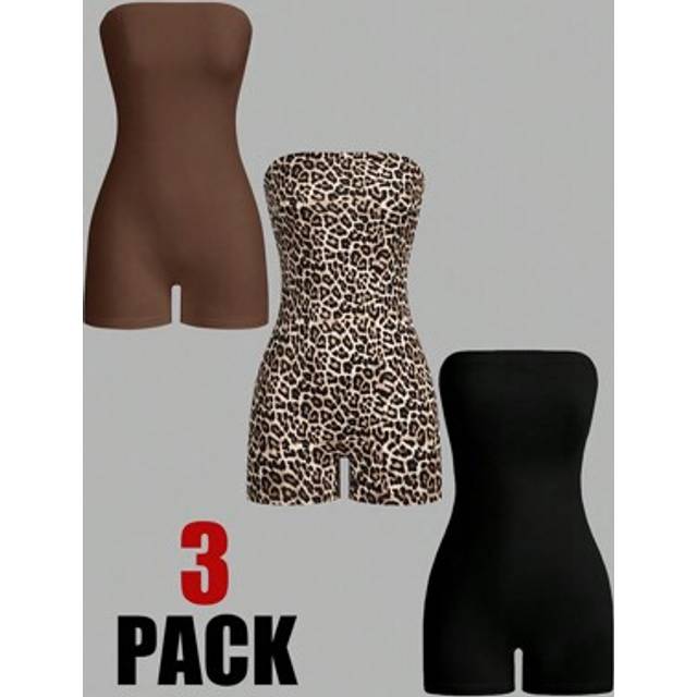 SHEIN 3pcs/Set Women Solid & Leopard Print Casual Tube Top Bodycon Romper