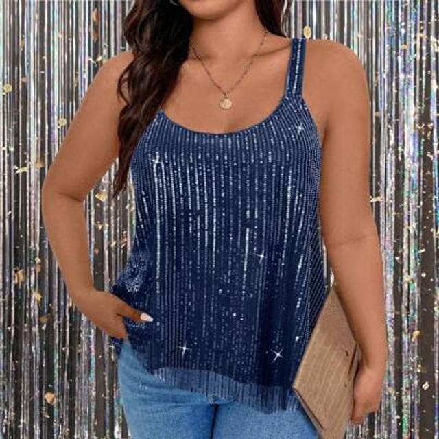 SHEIN Plus Size Summer Fashion Sequin Round Neck Sleeveless Loose Tank Top For New Year Holiday Party Clothes