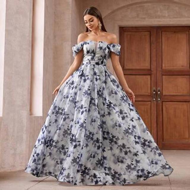 SHEIN Women Off-Shoulder Elegant Bridesmaid Dress With Random Floral Print