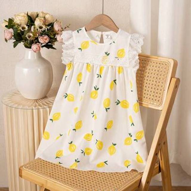 SHEIN Young Girl Lemon Print Pattern Ruffle Trim Cap Sleeve Dress