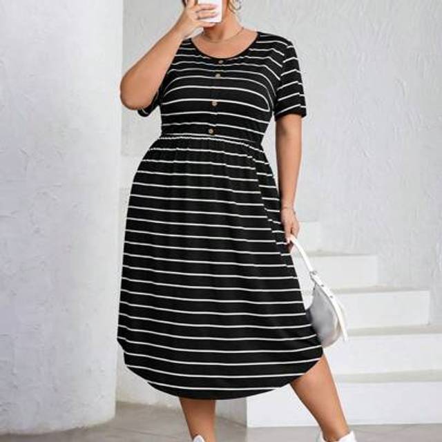 SHEIN CURVE Plus Size Striped Round Neck Dress, Summer,Curve Plus ,Hoho VacationbeachÂOutfitsÂForÂWoman/BeachÂDress/BeachÂVacationÂOutfits/BeachÂEsse