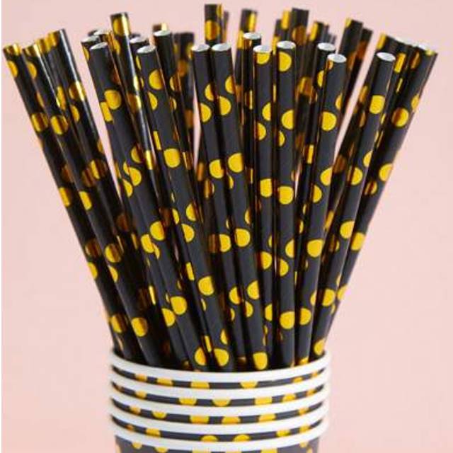 SHEIN 10/25/50/100pcs Black & Gold Polka Dot Paper Straws, Disposable Tableware Straws Suitable For Birthday, Party, Home, Bar, Beverage Shop, Picnic, Party