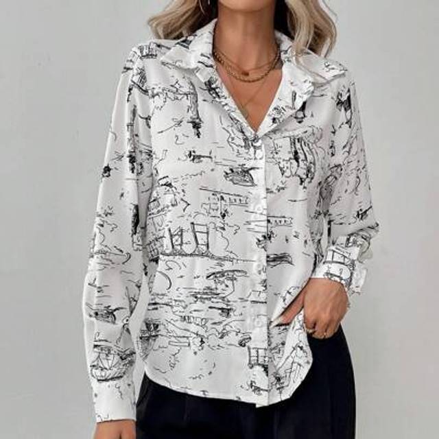 SHEIN Women Printed Shirt With Full Button Front, Collar And Flip Cuffs,Long Sleeve Tops