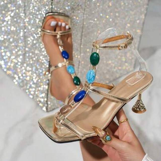 SHEIN Fashion High Heel Shoes, New Colorful Jewel Decorated High Heel Sandals, Summer Party Wedding Banquet Gold High Heel Sandals For Women