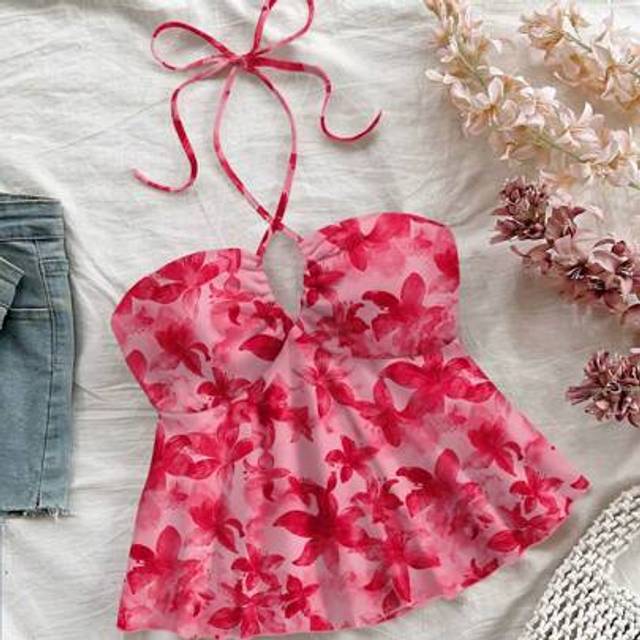 Soleia Women&#39;s Casual Holiday Drawstring Chest Ruched Halter Backless Bodycon Tank Top, Suitable For Summer Resort, Floral Print