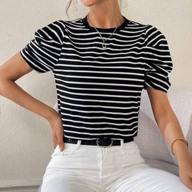 SHEIN Women Striped Print Round Neck Short Puff Sleeve Casual T-Shirt For Summer  Women T-Shirt  Cute Tops  Summer Women Tops   Summer Clothes  Black Top  C