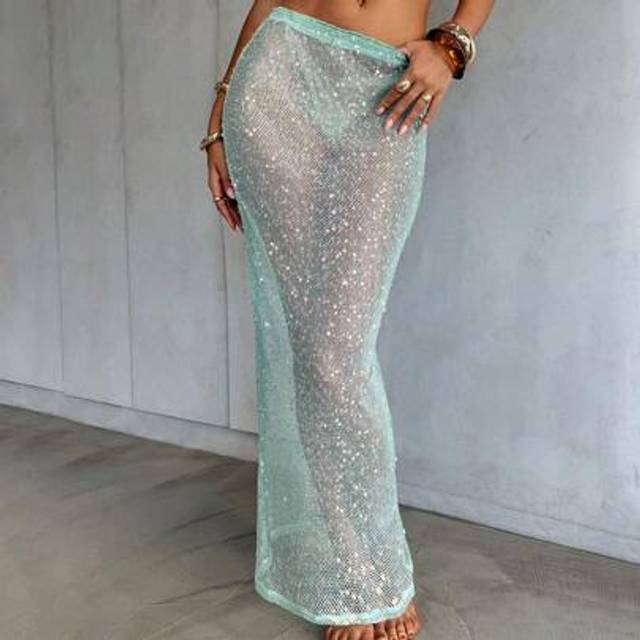 Aloruh Women&#39;s Spring/Summer New Arrival Blue Mesh Sequin Low Waist Skirt, Sexy Sheer Elegant Ladies Vacation/Beach Dress Country Concert Outfit, Holiday Clo