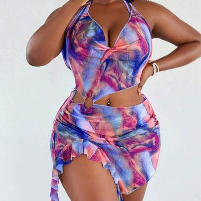 Slaydiva Plus Size Women 3 Pieces Swimsuit Set: Colorful Random Print Triangle Bikini, Tie-Up, And Backless Ruffle Cover Up