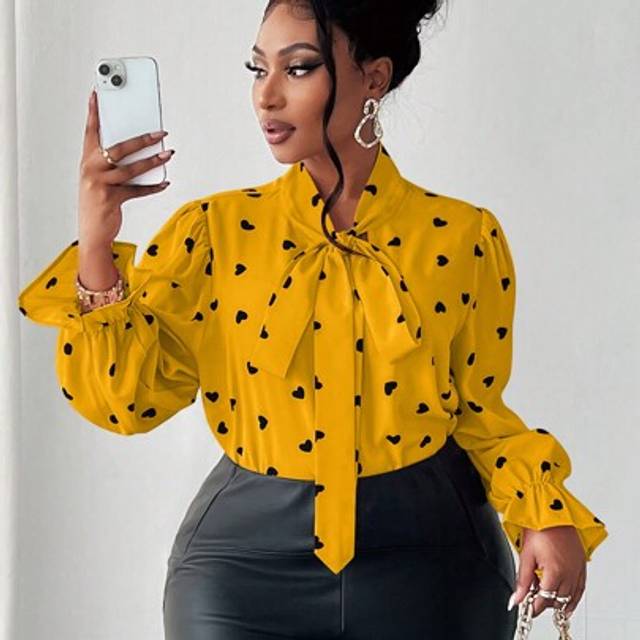 Maweii Plus Size Yellow Heart Print Tie Neck Blouse With Ruffled Long Sleeves