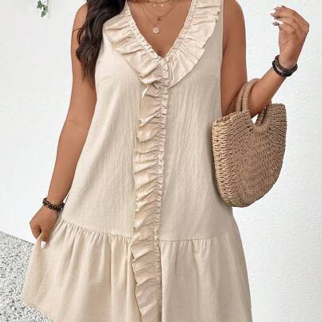 SHEIN Plus Size V Neck Sleeveless Ruffle Hem Apricot Color Dress, Fashionable Casual Outfit For Big Size Women,Summer Outfits For Women