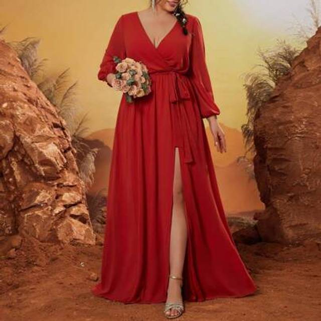 SHEIN Mgiacy New Arrival V Neck Solid Color Bridesmaid Dress Ruched Bow Belt Long Sleeve Chiffon Long Dress