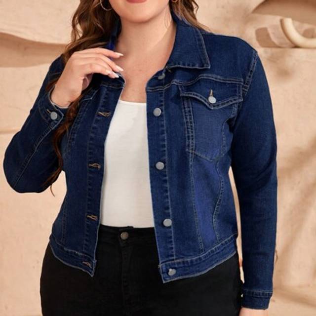 EMERY ROSE Women Plain Button Front Long Sleeve Denim Jacket With Pockets