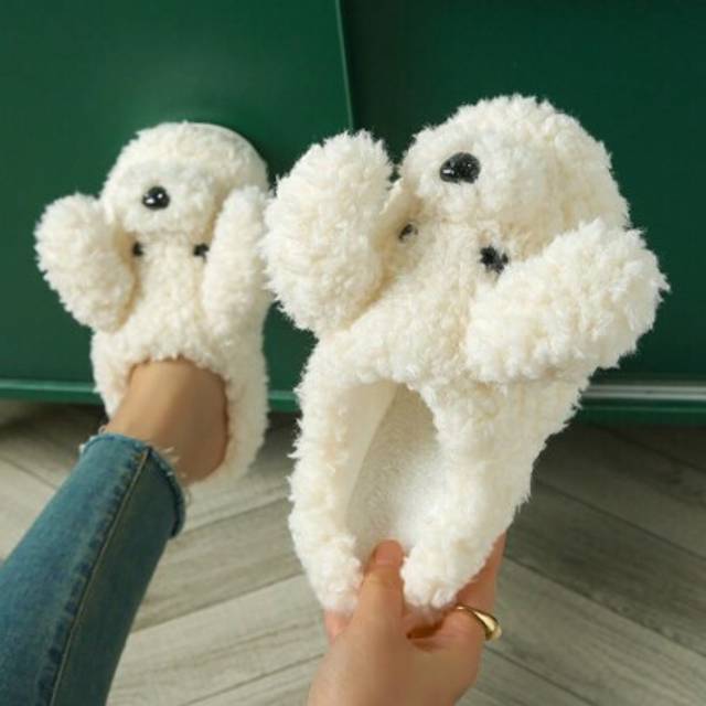 SHEIN Cute Wind Plush Camel Color Teddy Dog Fashion Home Indoor And Outdoor Home Comfortable Ladies Slippers