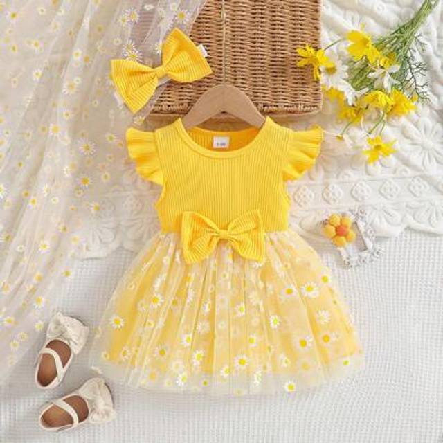 SHEIN Baby Girl Floral Print Round Neck Ruffled Sleeve Dress With Headband, Cute And Stylish