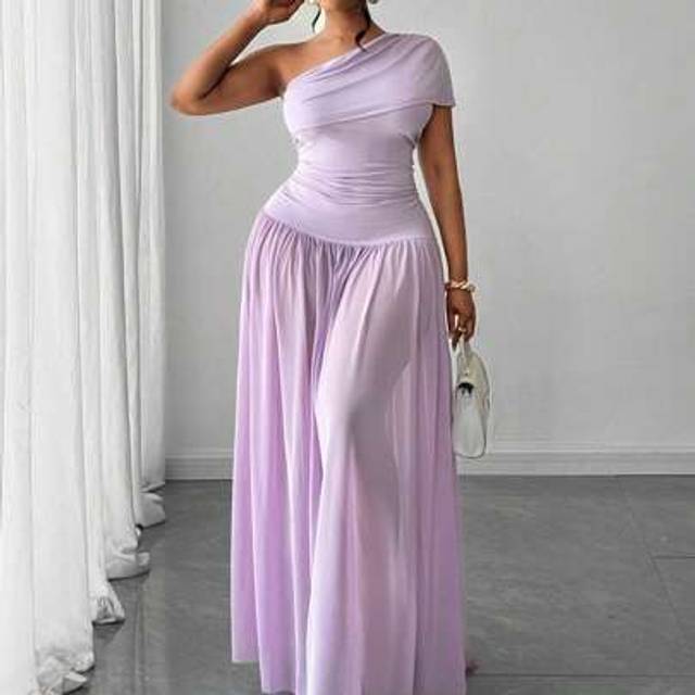 Maweii Plus Size Women Elegant One-Shoulder Slim-Fit Mesh Fabric Floor-A Swing Dress, Party