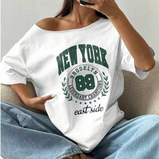 Flirla Loose Asymmetric Neck T-Shirt With &#34;New York Brooklyn&#34; Print, White Color, Oversized Spring Style