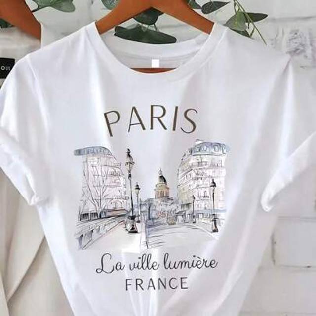 SHEIN Women&#39;s Short Sleeve Paris Print Casual T-Shirt, Summer & Spring Top Graphic Tees Women Tops