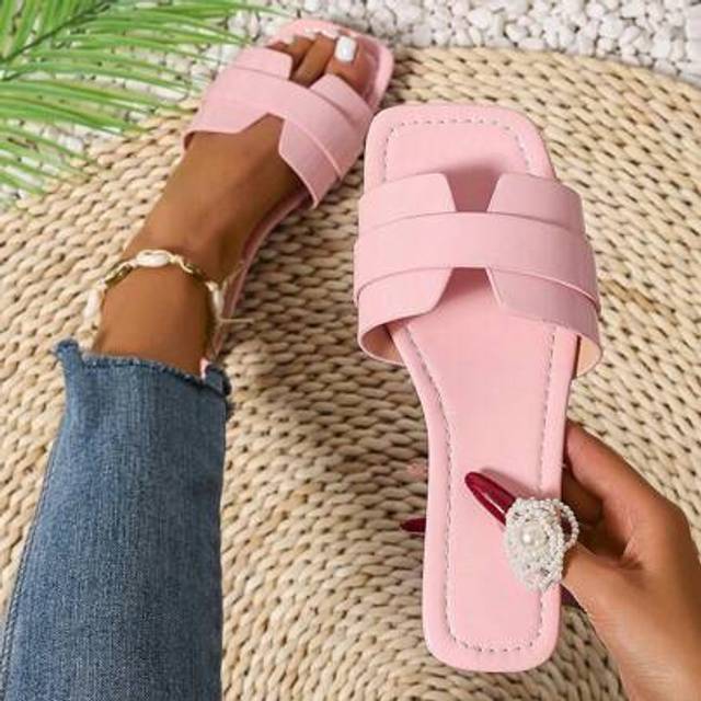 SHEIN New Spring/Summer Fashion Casual Open Toe Strap Flat Slippers For Women, Comfortable Flat Sandals Beach Shoes, Minimalist Design, Versatile