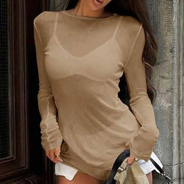 SHEIN Y2K Stretchy See-Through Long Sleeve Round Neck Slim Fit T-Shirt Going Out Tops