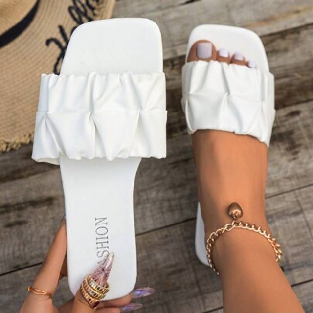 SHEIN Women Flat Strap Ruched Square Toe Casual Versatile Slides