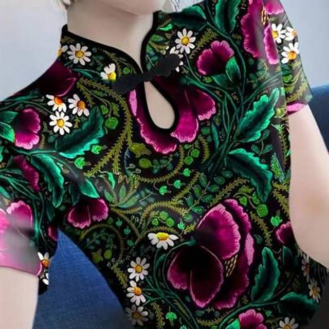 SHEIN Vintage Cheongsam Style Ditsy Floral Blouse For Women, Slim Waist, Short Sleeve, Lightweight, Spring/Summer