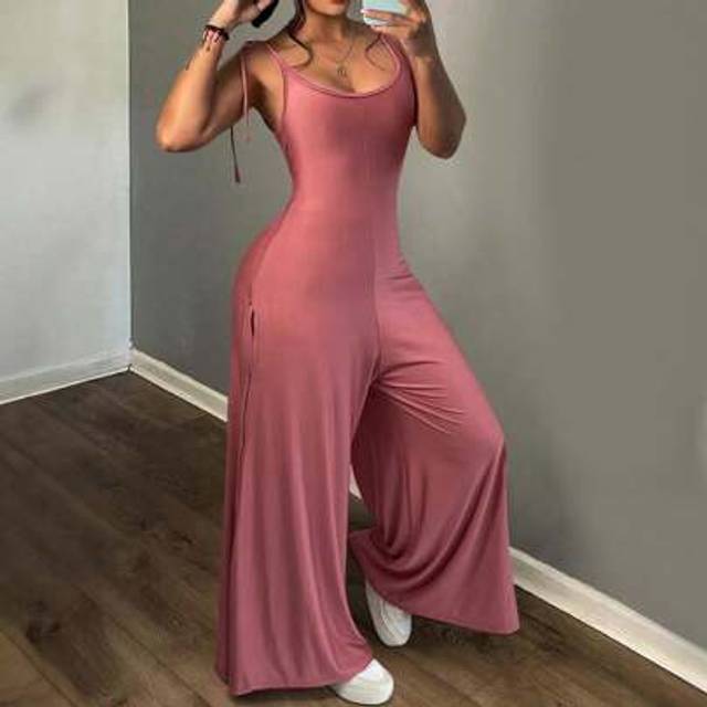 SHEIN Women&#39;s Casual Loungewear Tie Knot Bowknot Pocket Slim Knitted Wide Leg Jumpsuit