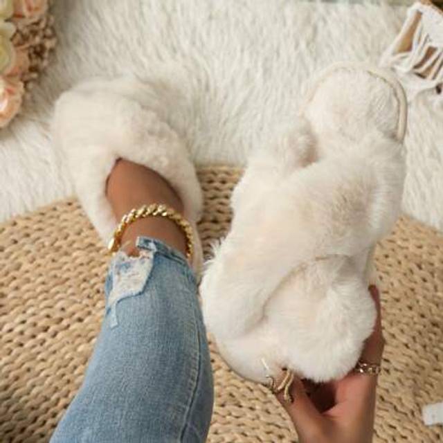 SHEIN Women&#39;s Criss-Cross Fuzzy Fluffy Slides, Fashion Cross-Border Slippers