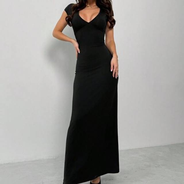 Firerie New Style Elegant & Sexy Bodycon Deep V-Neck Maxi Dress For Women, With Puffed Sleeve & Tie Waist Design, Suitable For Festival/Valentine&#39;s Day