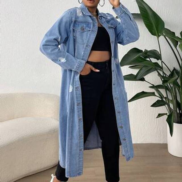 SHEIN Plus Size Button Front Long Sleeve Pocket Distressed Long Denim Jacket