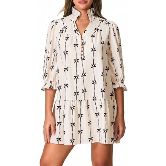SHEIN Women Casual Shirt Dress Ruffle Sleeve V Neck Loose Flowy Swing Tiered A-Line Short Dress