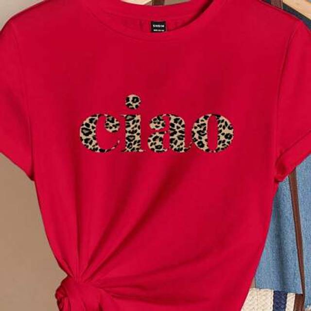 SHEIN Casual Minimalist &#34;CIAO&#34; Graphic Round Neck Short Sleeve Fitted Plus Size Women T-Shirt, Suitable For Summer