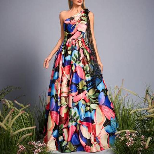 SHEIN Mgiacy New Arrival V Neck Elegant Bridesmaid Dress Printed Ruffle Chiffon Long Dress