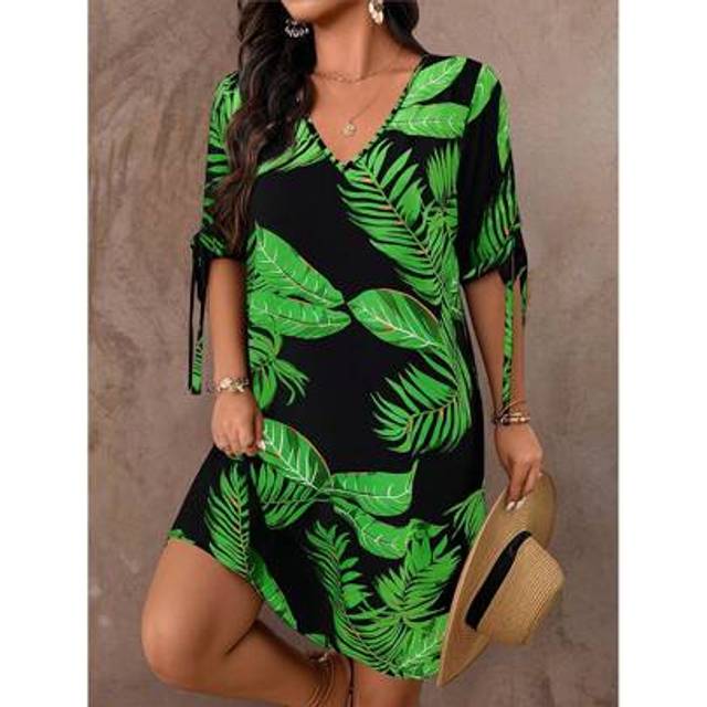 SHEIN Plus Size Women V-Neck Feather Cuff Tie Front Vacation Dress