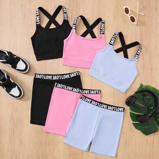 SHEIN 3pcs/Set Tween Girls Casual Sporty Solid Color Letter Print Cami Top And Shorts Set