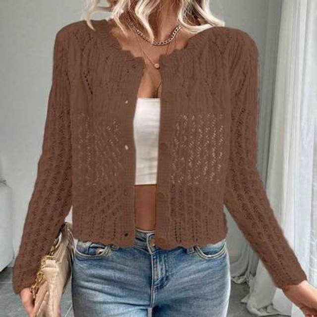 SHEIN Women&#39;s Round Neck Hollow Front Button Cardigan Knitted Sweater Jacket, Autumn/Winter