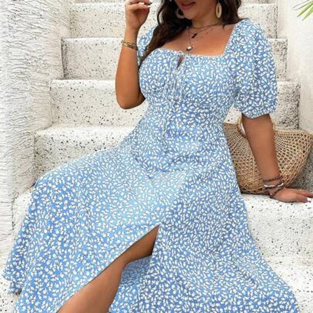 SHEIN Plus Size Women&#39;s Elegant Summer Holiday Ditsy Floral Front Tie Square Neckline Long Puff Sleeve Dress, For Christmas Maxi Women Outfit