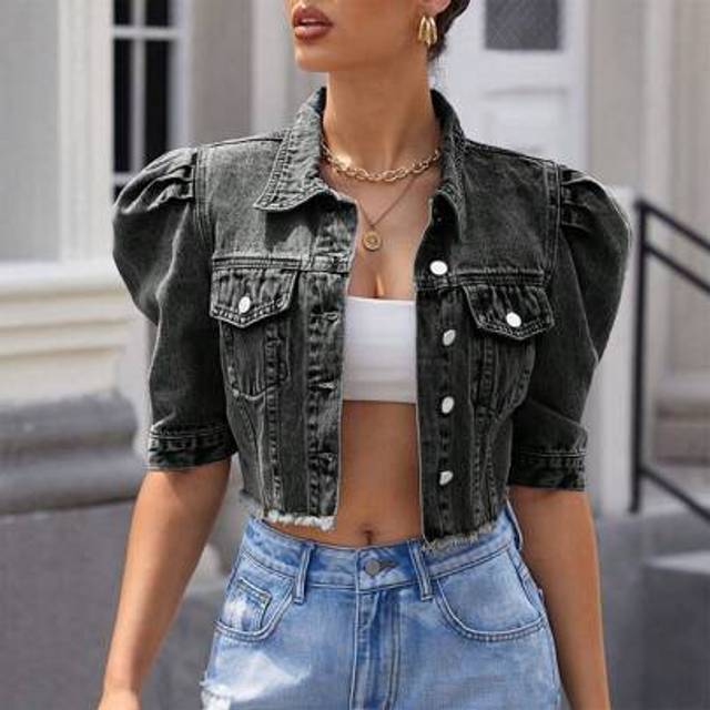 SHEIN Women&#39;s Fashion Washed Distressed Puff Sleeve Denim Jacket